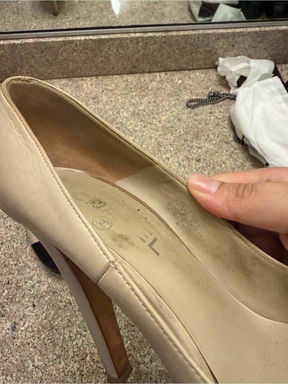 CHANEL Beige Leather Platform Pumps with Black Cap Toe and Chain Trim